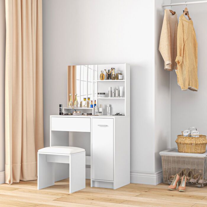 Homcom Dressing Table With Mirror And Stool, Vanity Table, Modern Makeup Desk With Drawer, Storage Cabinet And Adjustable Shelf, White