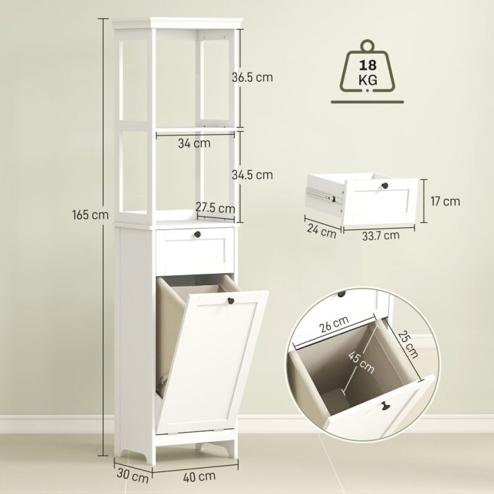 Homcom Tall Bathroom Cabinet With Tilt-out Laundry Basket - White