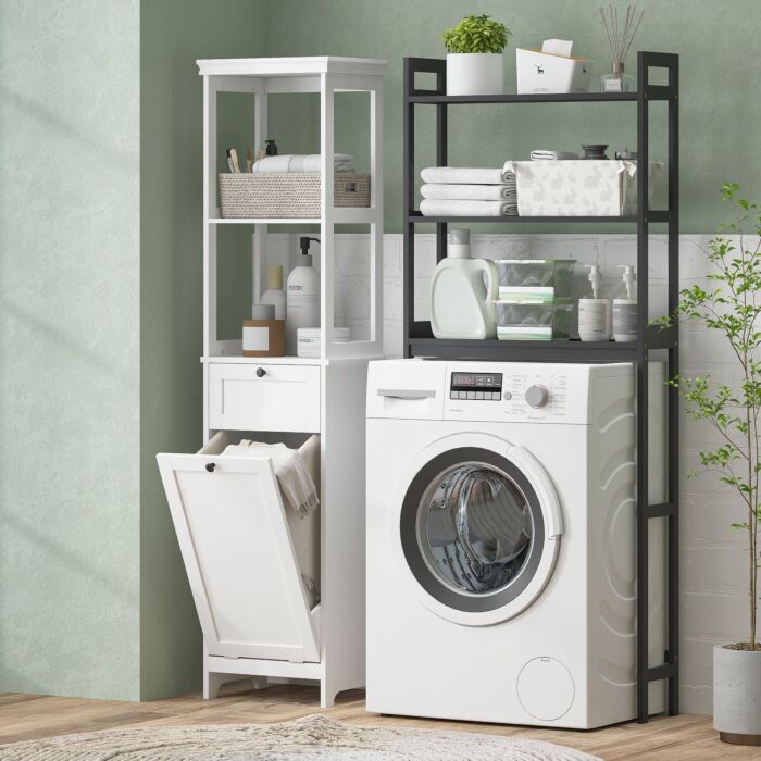 Homcom Tall Bathroom Cabinet With Tilt-out Laundry Basket - White