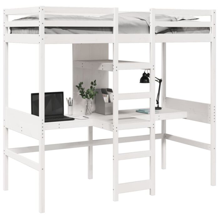 Vidaxl Loft Bed Frame With Desk And Shelves White 90x200cm Solid Wood Pine