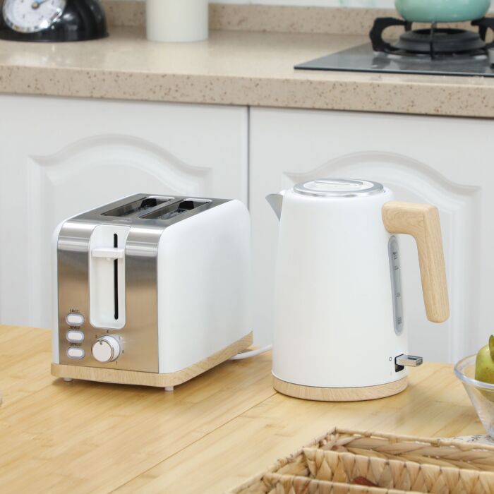 Homcom Kettle And Toaster Set, 1.7l 3000w Fast Boil Kettle & 2 Slice Toaster Kitchen Set With 7 Level Browning Controls, Defrost, Reheat, Auto Off, Boil-dry Protection, White