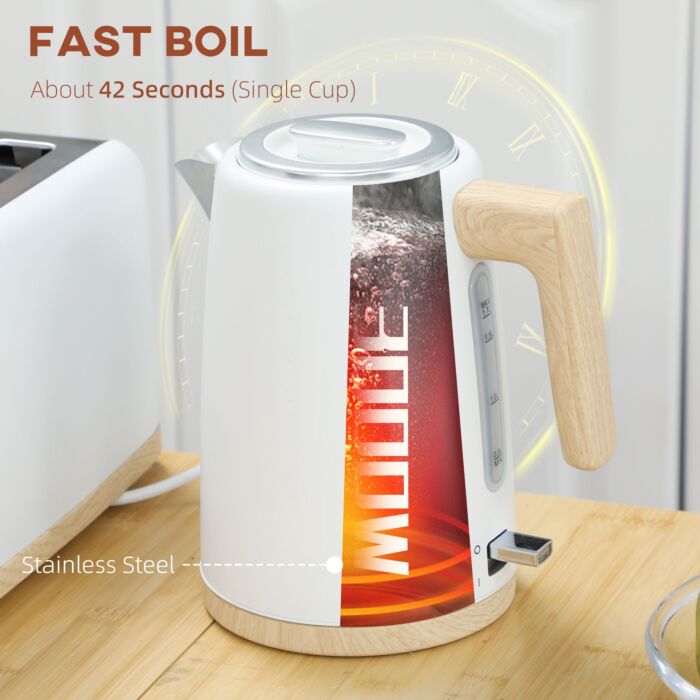 Homcom Kettle And Toaster Set, 1.7l 3000w Fast Boil Kettle & 2 Slice Toaster Kitchen Set With 7 Level Browning Controls, Defrost, Reheat, Auto Off, Boil-dry Protection, White