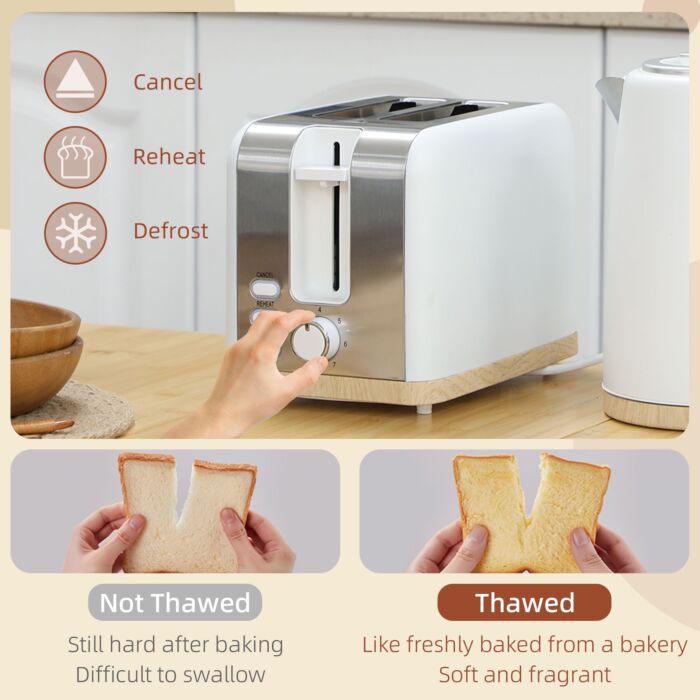 Homcom Kettle And Toaster Set, 1.7l 3000w Fast Boil Kettle & 2 Slice Toaster Kitchen Set With 7 Level Browning Controls, Defrost, Reheat, Auto Off, Boil-dry Protection, White