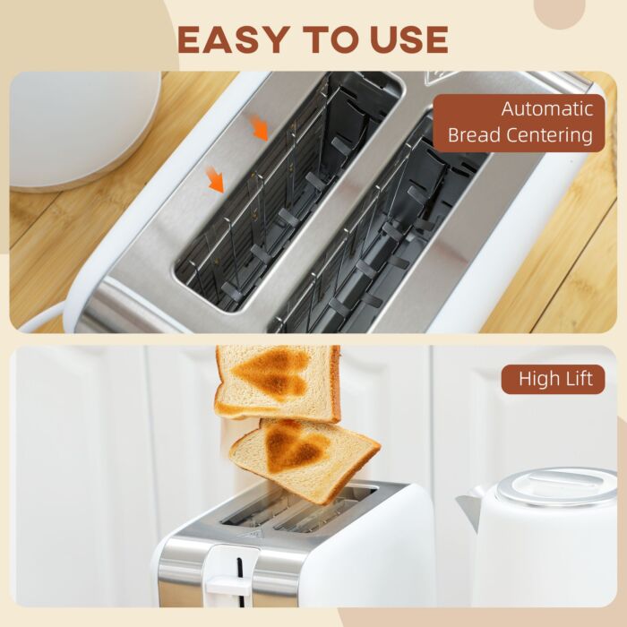 Homcom Kettle And Toaster Set, 1.7l 3000w Fast Boil Kettle & 2 Slice Toaster Kitchen Set With 7 Level Browning Controls, Defrost, Reheat, Auto Off, Boil-dry Protection, White