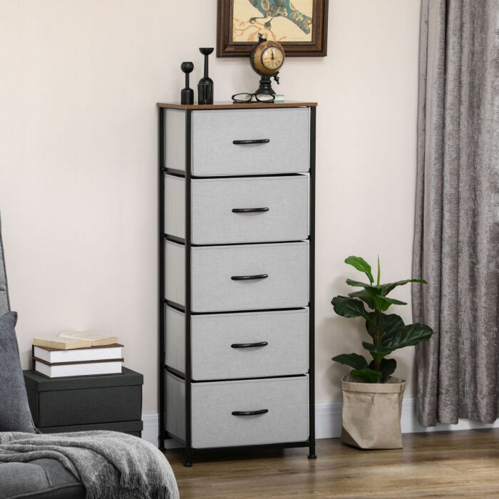 Homcom Chest Of Drawers, Fabric Storage Drawers, Industrial Bedroom Dresser W/5 Fabric Drawers, Steel Frame, Wooden Top For Nursery, Living Room Grey