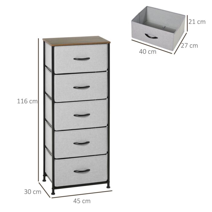 Homcom Chest Of Drawers, Fabric Storage Drawers, Industrial Bedroom Dresser W/5 Fabric Drawers, Steel Frame, Wooden Top For Nursery, Living Room Grey
