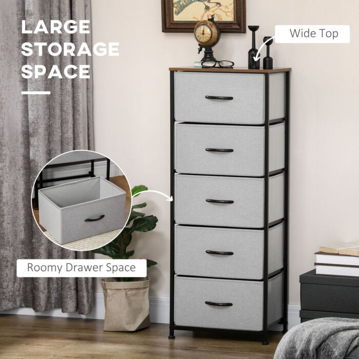 Homcom Chest Of Drawers, Fabric Storage Drawers, Industrial Bedroom Dresser W/5 Fabric Drawers, Steel Frame, Wooden Top For Nursery, Living Room Grey