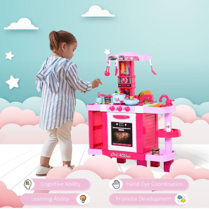 Homcom 38-piece Children's Kitchen Play Set W/ Realistic Sounds Lights Food Utensils Pots Pans Appliances