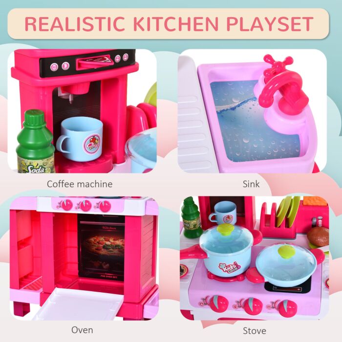 Homcom 38-piece Children's Kitchen Play Set W/ Realistic Sounds Lights Food Utensils Pots Pans Appliances