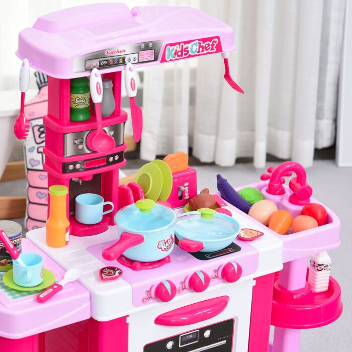 Homcom 38-piece Children's Kitchen Play Set W/ Realistic Sounds Lights Food Utensils Pots Pans Appliances
