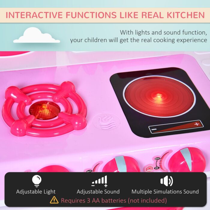 Homcom 38-piece Children's Kitchen Play Set W/ Realistic Sounds Lights Food Utensils Pots Pans Appliances