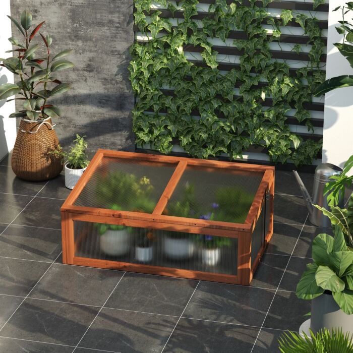 Outsunny Wooden Framed Polycarbonate Cold Frame Greenhouse For Plants Outdoor With Openable & Tilted Top Cover, Pc Board, Brown, 100 X 65 X 40cm