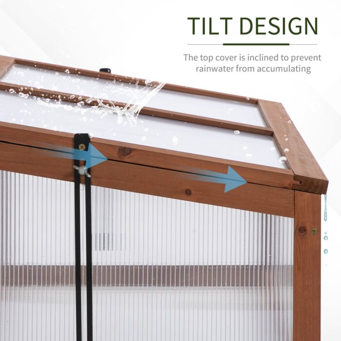 Outsunny Wooden Framed Polycarbonate Cold Frame Greenhouse For Plants Outdoor With Openable & Tilted Top Cover, Pc Board, Brown, 100 X 65 X 40cm