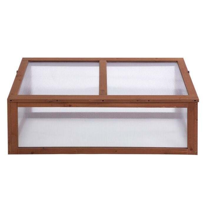 Outsunny Wooden Framed Polycarbonate Cold Frame Greenhouse For Plants Outdoor With Openable & Tilted Top Cover, Pc Board, Brown, 100 X 65 X 40cm