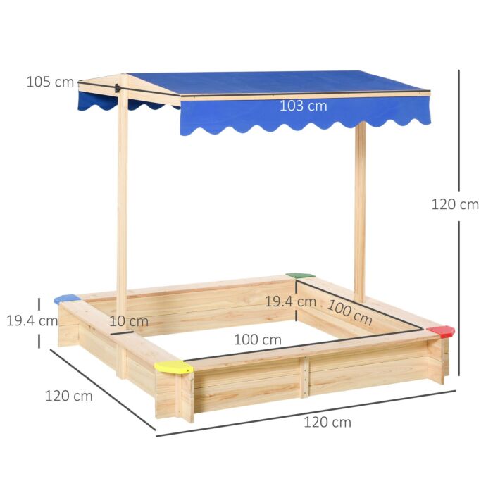 Outsunny Kids Wooden Sandpit Children Cabana Square Sandbox Outdoor Backyard Playset Play Station Adjustable Canopy Bench Seat 120x120x120cm