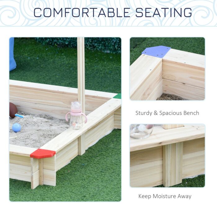 Outsunny Kids Wooden Sandpit Children Cabana Square Sandbox Outdoor Backyard Playset Play Station Adjustable Canopy Bench Seat 120x120x120cm