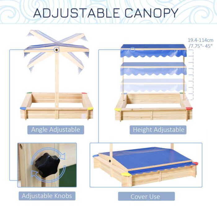 Outsunny Kids Wooden Sandpit Children Cabana Square Sandbox Outdoor Backyard Playset Play Station Adjustable Canopy Bench Seat 120x120x120cm