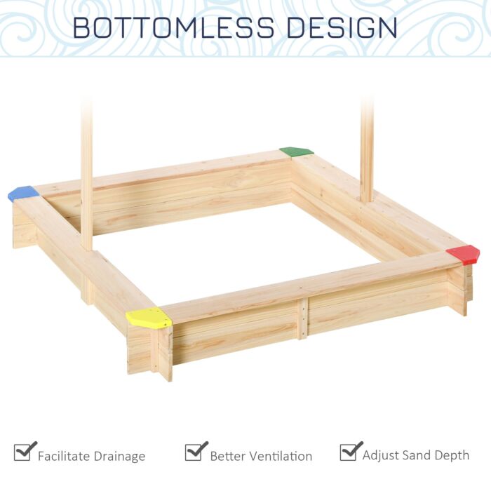 Outsunny Kids Wooden Sandpit Children Cabana Square Sandbox Outdoor Backyard Playset Play Station Adjustable Canopy Bench Seat 120x120x120cm