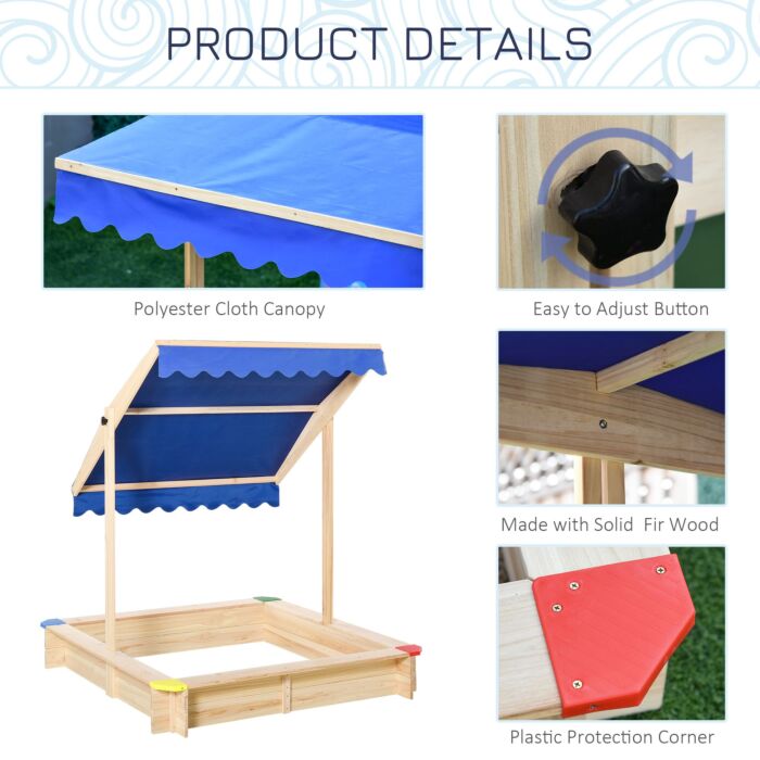 Outsunny Kids Wooden Sandpit Children Cabana Square Sandbox Outdoor Backyard Playset Play Station Adjustable Canopy Bench Seat 120x120x120cm