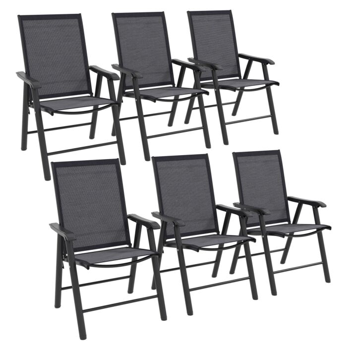 Outsunny Set Of 6 Folding Garden Chairs, Metal Frame Garden Chairs Outdoor Patio Park Dining Seat With Breathable Mesh Seat, Dark Grey