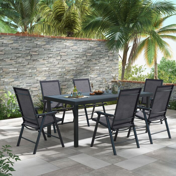 Outsunny Set Of 6 Folding Garden Chairs, Metal Frame Garden Chairs Outdoor Patio Park Dining Seat With Breathable Mesh Seat, Dark Grey
