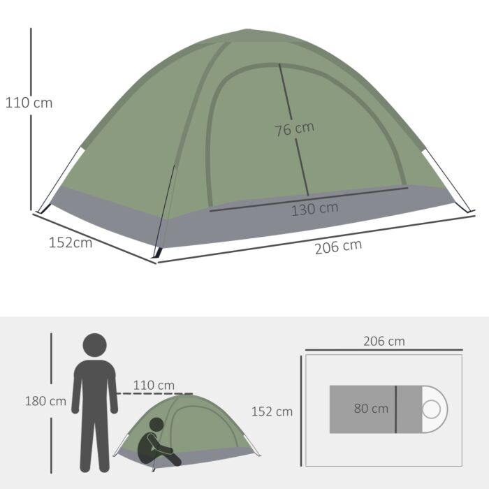 Outsunny 2 Person Camping Tent, Camouflage Tent With Zipped Doors, Storage Pocket, Portable Handy Bag, Multicoloured