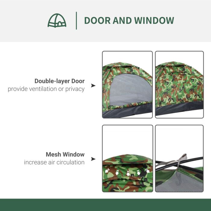 Outsunny 2 Person Camping Tent, Camouflage Tent With Zipped Doors, Storage Pocket, Portable Handy Bag, Multicoloured