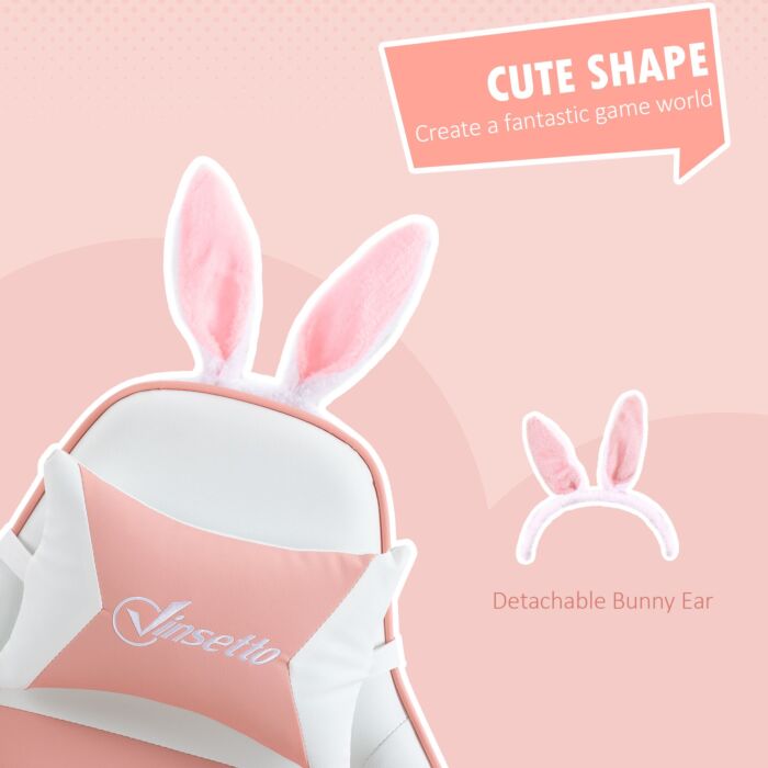 Vinsetto Racing Gaming Chair, Reclining Pu Leather Computer Chair With Removable Rabbit Ears, Footrest, Headrest And Lumber Support, Pink