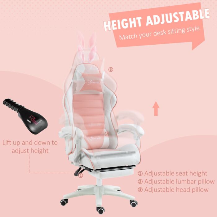 Vinsetto Racing Gaming Chair, Reclining Pu Leather Computer Chair With Removable Rabbit Ears, Footrest, Headrest And Lumber Support, Pink