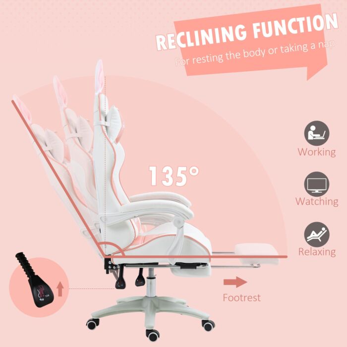 Vinsetto Racing Gaming Chair, Reclining Pu Leather Computer Chair With Removable Rabbit Ears, Footrest, Headrest And Lumber Support, Pink