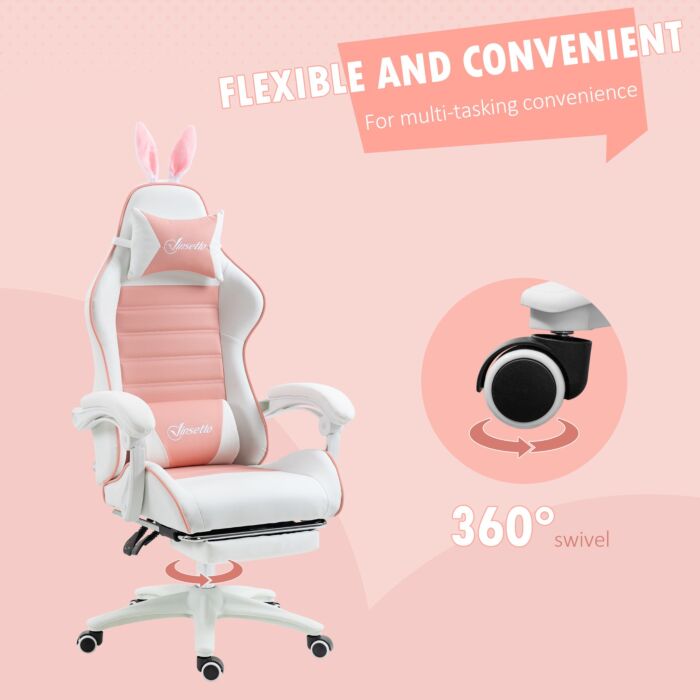 Vinsetto Racing Gaming Chair, Reclining Pu Leather Computer Chair With Removable Rabbit Ears, Footrest, Headrest And Lumber Support, Pink