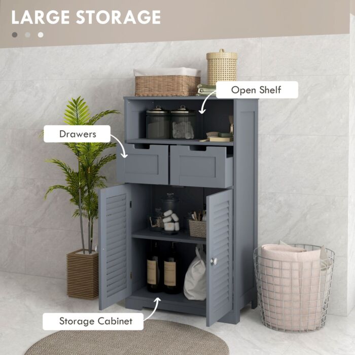 Kleankin Bathroom Cabinet With Drawers, Bathroom Storage Cabinet With Louvred Doors, Open Compartment And Adjustable Shelf For Washroom, Grey