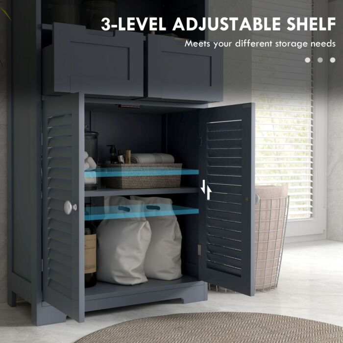 Kleankin Bathroom Cabinet With Drawers, Bathroom Storage Cabinet With Louvred Doors, Open Compartment And Adjustable Shelf For Washroom, Grey