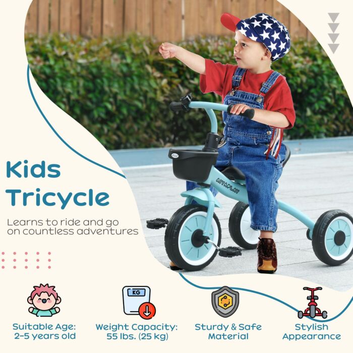 Aiyaplay Kids Trike, Tricycle, With Adjustable Seat, Basket, Bell, For Ages 2-5 Years - Blue