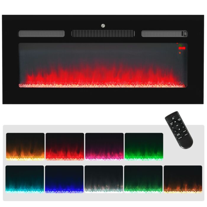 Homcom 102cm Electric Fireplace, 2000w Recessed And Wall Mounted Electric Fire With Remote Control, 9 Flame Colour And Crystal, Black