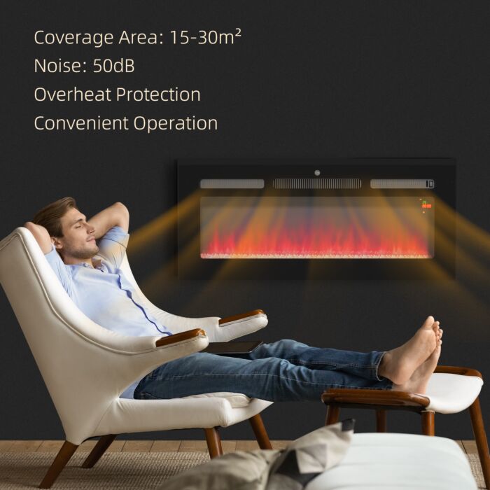 Homcom 102cm Electric Fireplace, 2000w Recessed And Wall Mounted Electric Fire With Remote Control, 9 Flame Colour And Crystal, Black