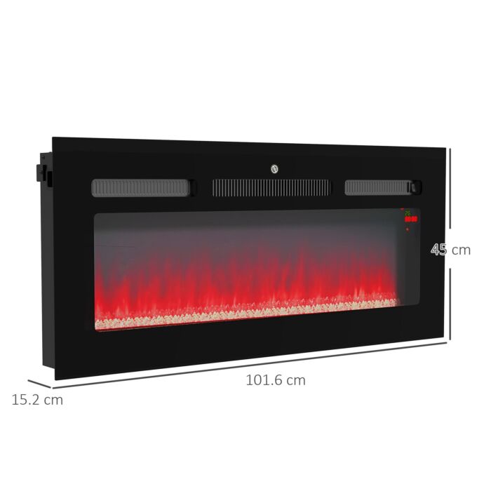 Homcom 102cm Electric Fireplace, 2000w Recessed And Wall Mounted Electric Fire With Remote Control, 9 Flame Colour And Crystal, Black