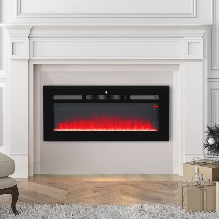 Homcom 102cm Electric Fireplace, 2000w Recessed And Wall Mounted Electric Fire With Remote Control, 9 Flame Colour And Crystal, Black