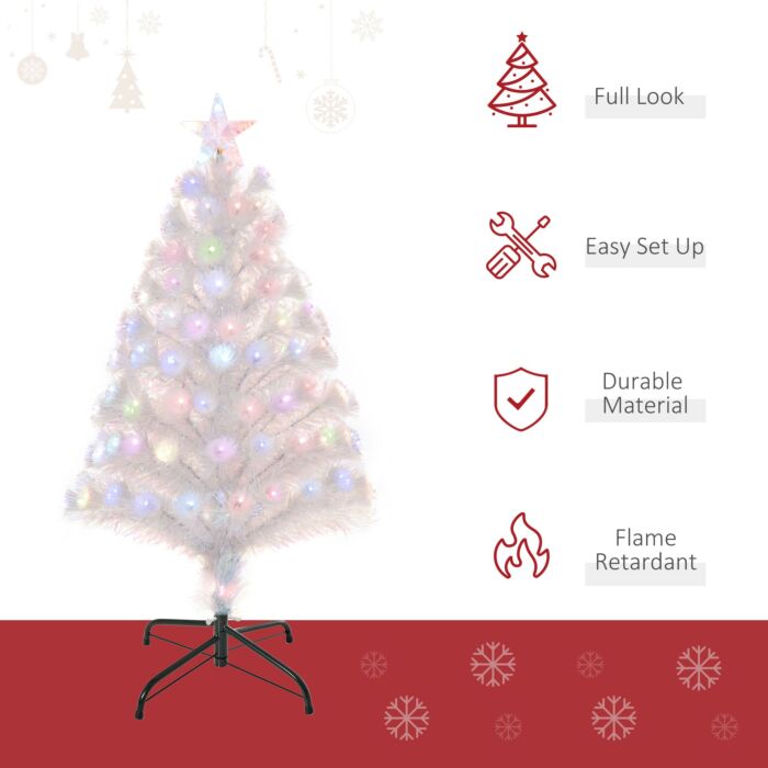 Homcom 3 Feet Prelit Artificial Christmas Tree With Fiber Optic Led Light, Holiday Home Xmas Decoration, White