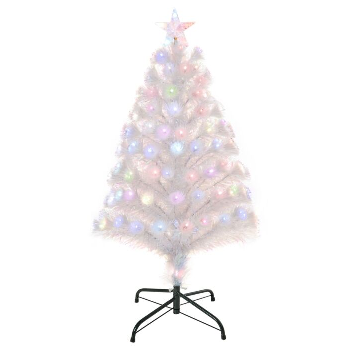 Homcom 3 Feet Prelit Artificial Christmas Tree With Fiber Optic Led Light, Holiday Home Xmas Decoration, White