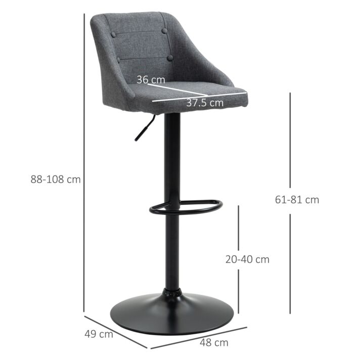 Homcom Modern Adjustable Bar Stools Set Of 2, Swivel Fabric Barstools With Footrest, Armrests And Back, For Kitchen Counter And Dining Room, Dark Grey