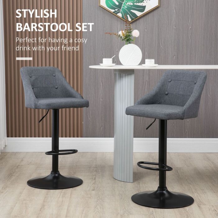 Homcom Modern Adjustable Bar Stools Set Of 2, Swivel Fabric Barstools With Footrest, Armrests And Back, For Kitchen Counter And Dining Room, Dark Grey