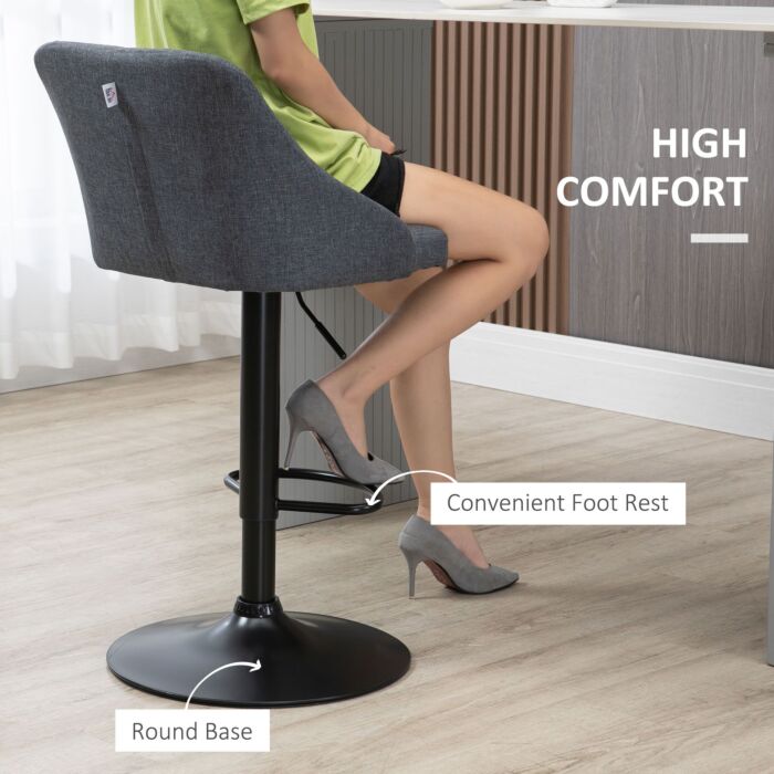 Homcom Modern Adjustable Bar Stools Set Of 2, Swivel Fabric Barstools With Footrest, Armrests And Back, For Kitchen Counter And Dining Room, Dark Grey
