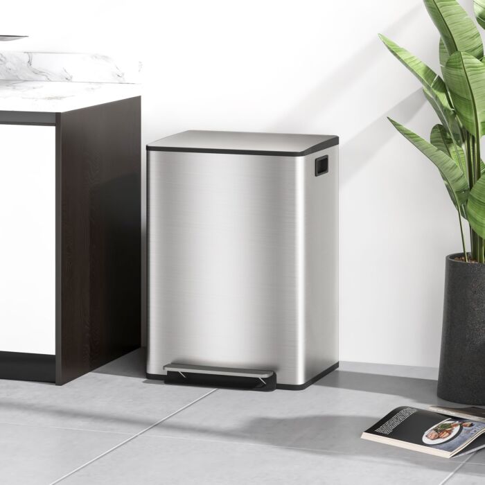 Homcom 60l Dual Compartment Stainless Steel Bin, With Deodoriser Holders - Silver Tone
