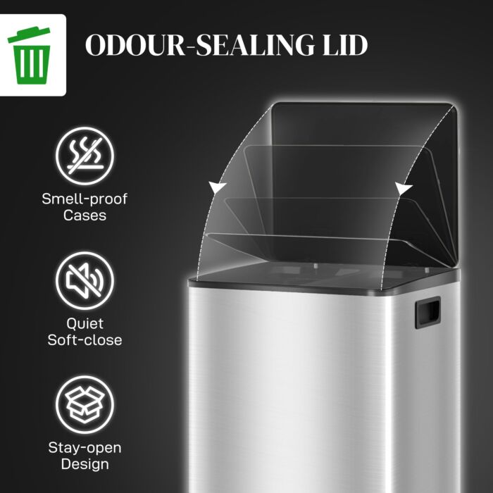 Homcom 60l Dual Compartment Stainless Steel Bin, With Deodoriser Holders - Silver Tone