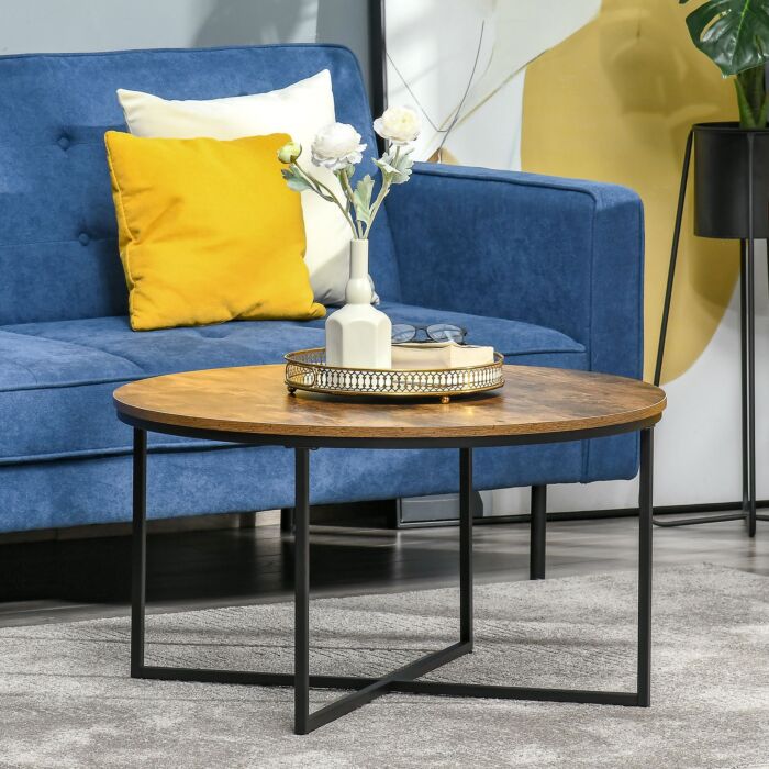 Homcom Coffee Table, Industrial Round Side Table With Metal Frame, Large Tabletop, Rustic Brown