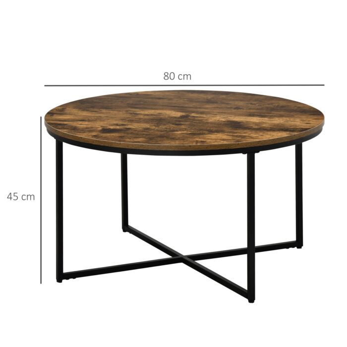 Homcom Coffee Table, Industrial Round Side Table With Metal Frame, Large Tabletop, Rustic Brown