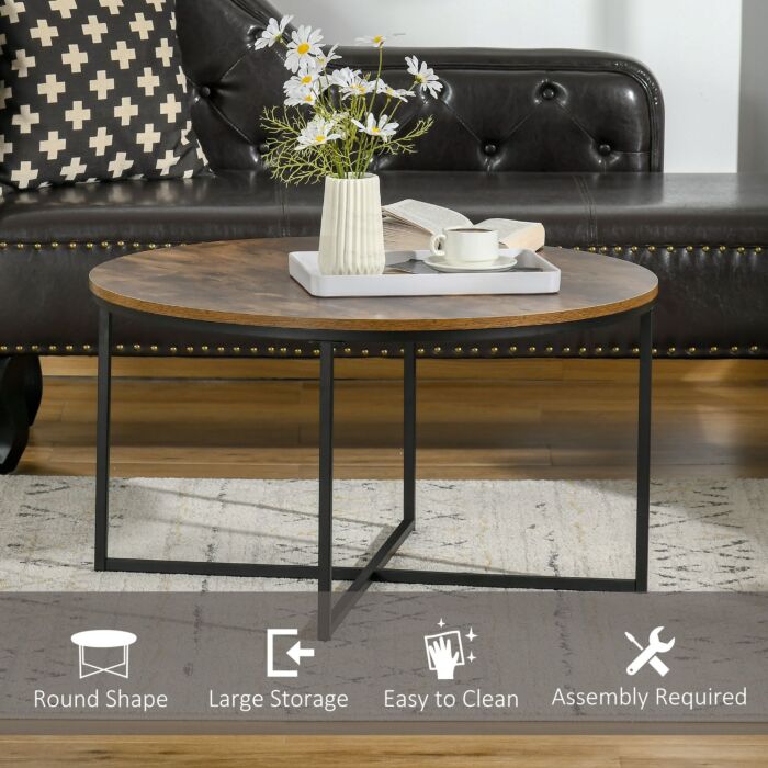 Homcom Coffee Table, Industrial Round Side Table With Metal Frame, Large Tabletop, Rustic Brown