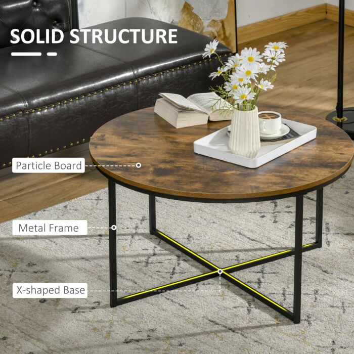 Homcom Coffee Table, Industrial Round Side Table With Metal Frame, Large Tabletop, Rustic Brown