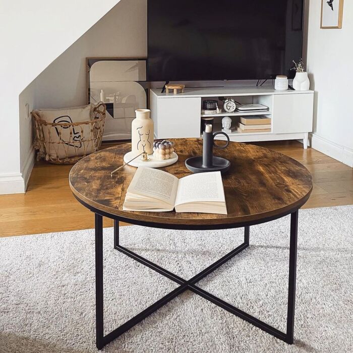 Homcom Coffee Table, Industrial Round Side Table With Metal Frame, Large Tabletop, Rustic Brown
